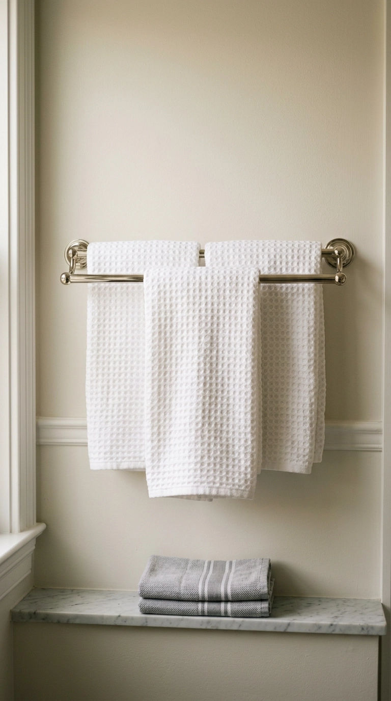 Folded white waffle towels on a polished nickel bar in a traditional bathroom
