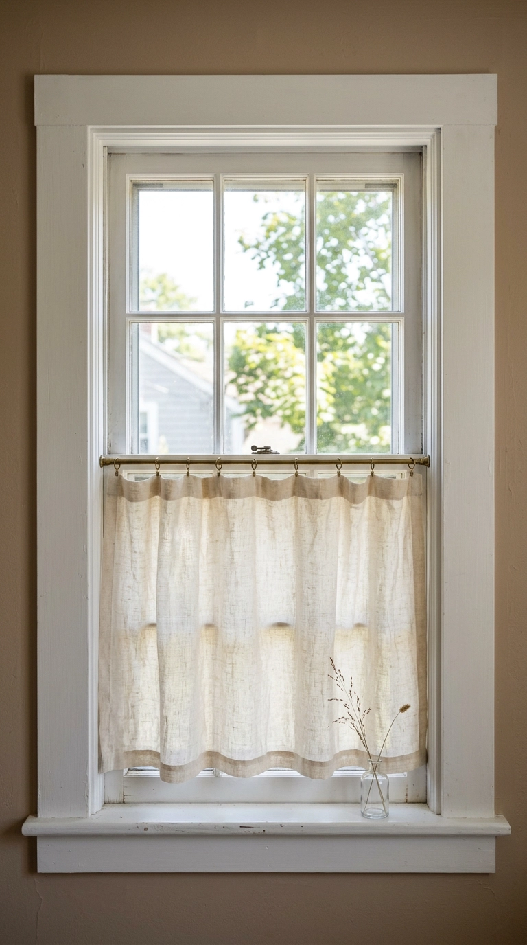 Cream linen cafe curtain on the lower half of a traditional bathroom window