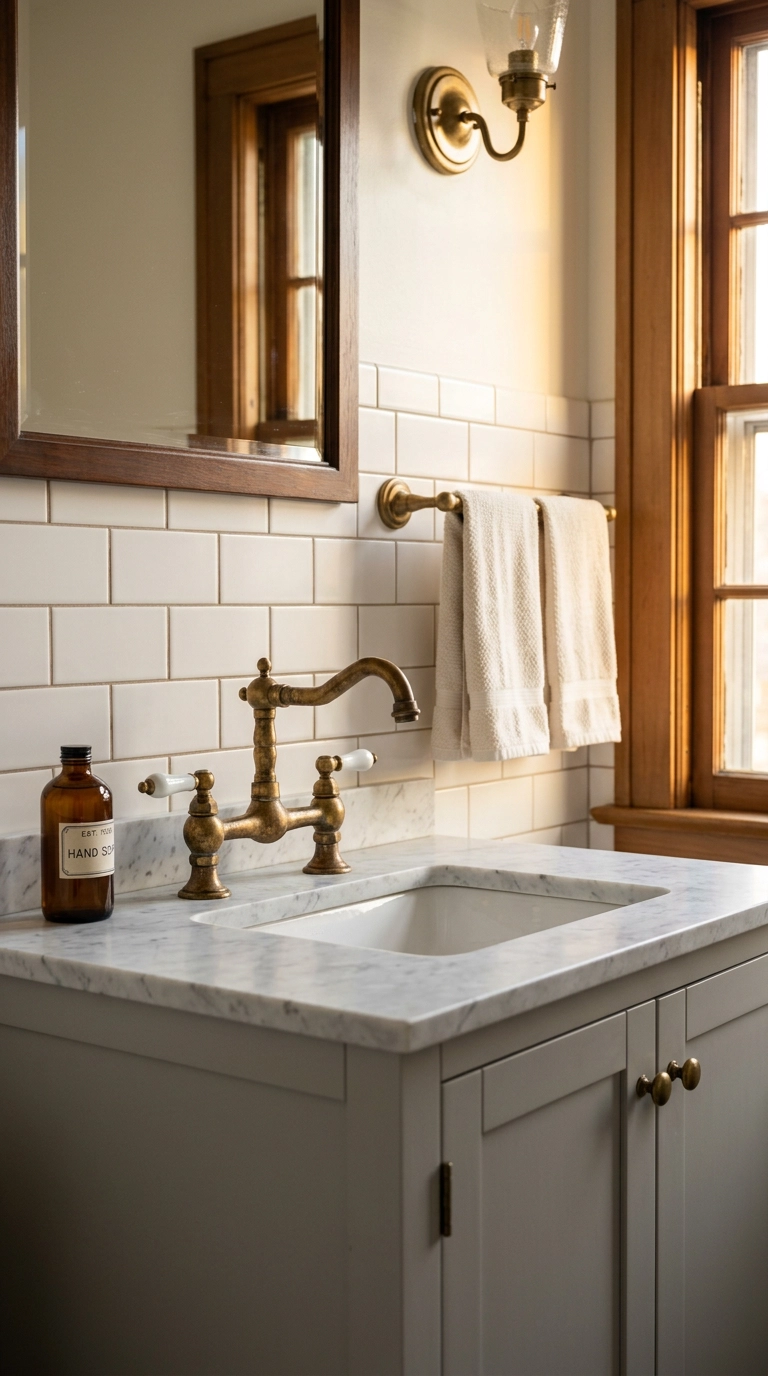 Unlacquered brass bridge faucet with porcelain handles on marble counter