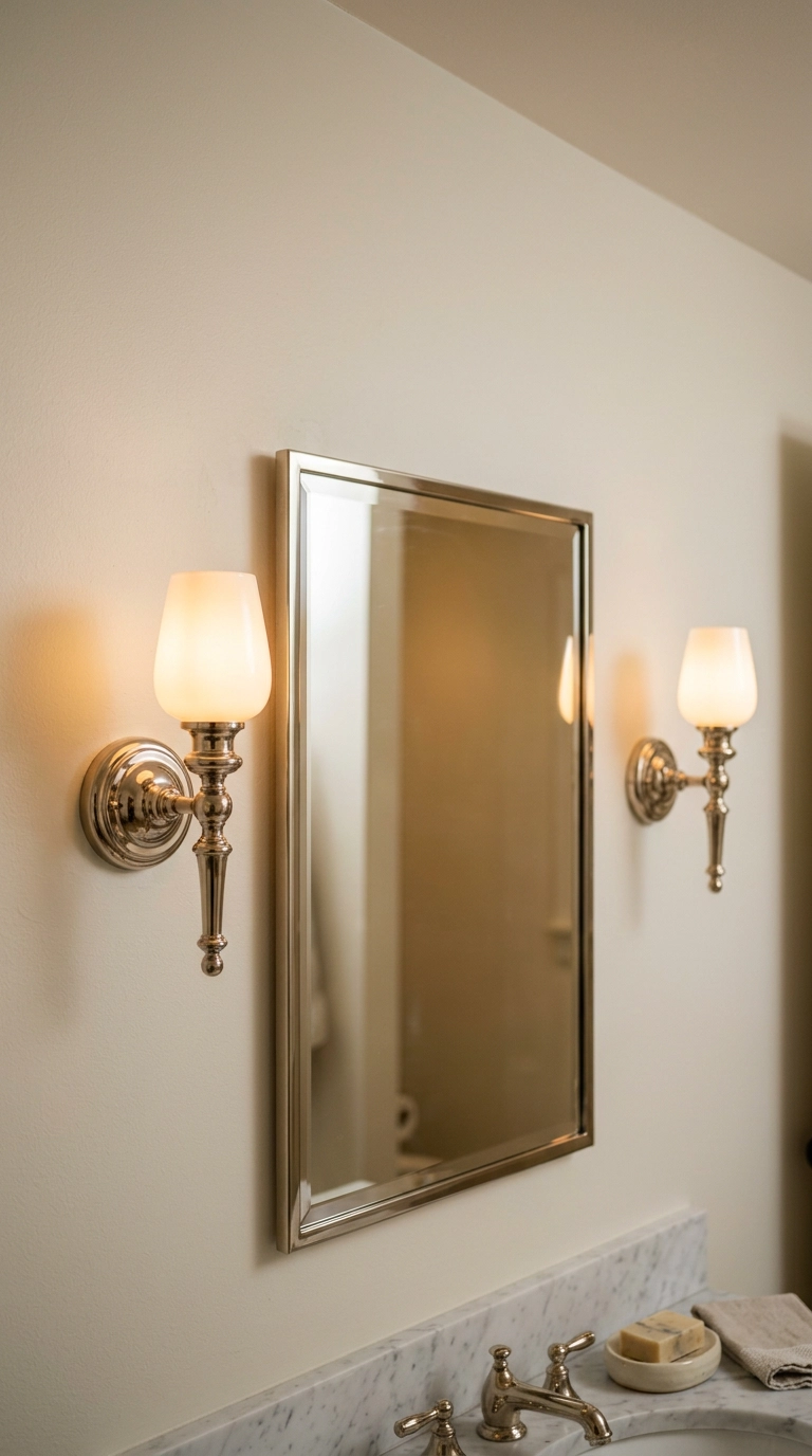 Two polished nickel sconces flanking a traditional bathroom mirror