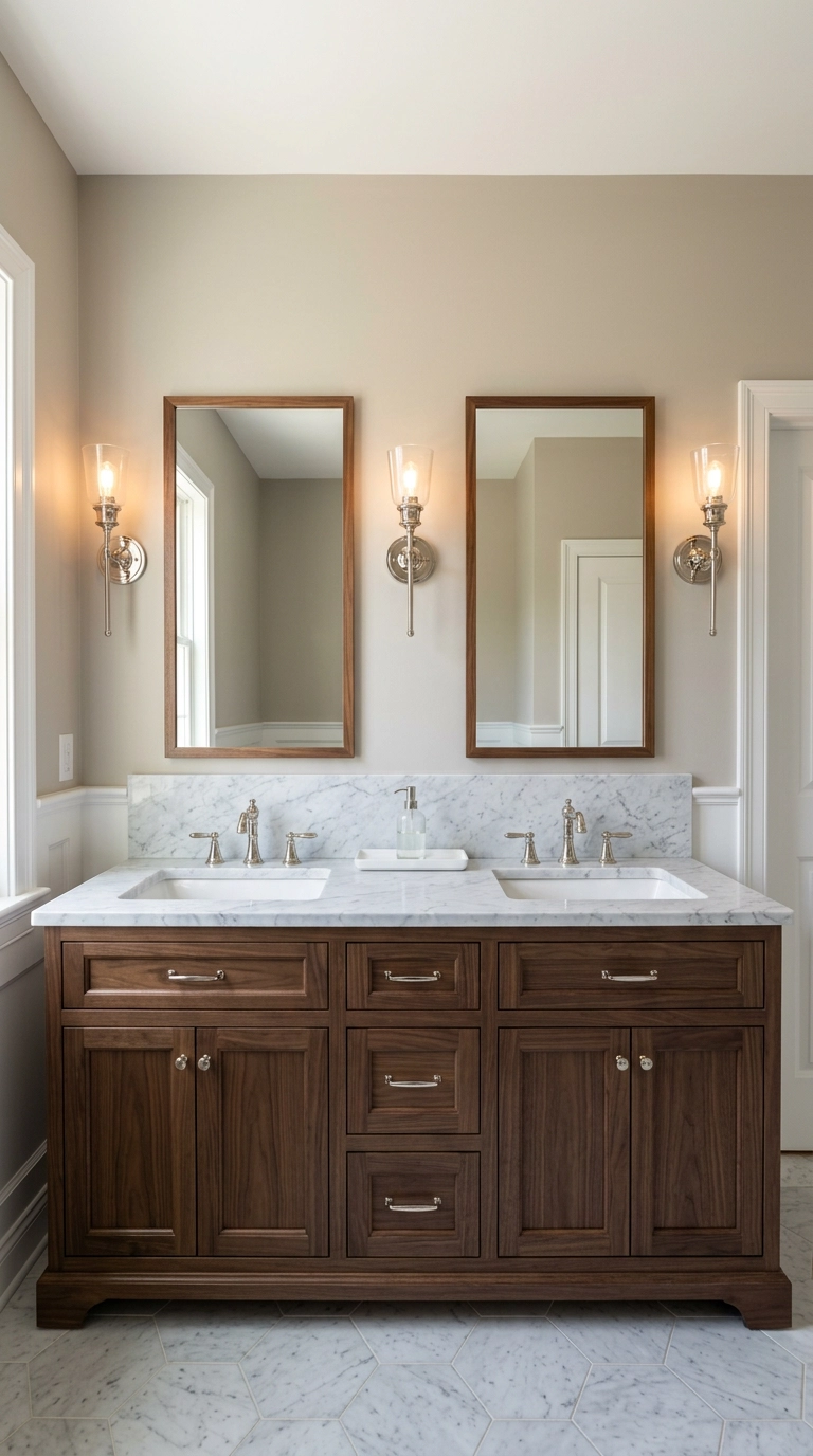 Symmetrical traditional double vanity with matching mirrors and sconces