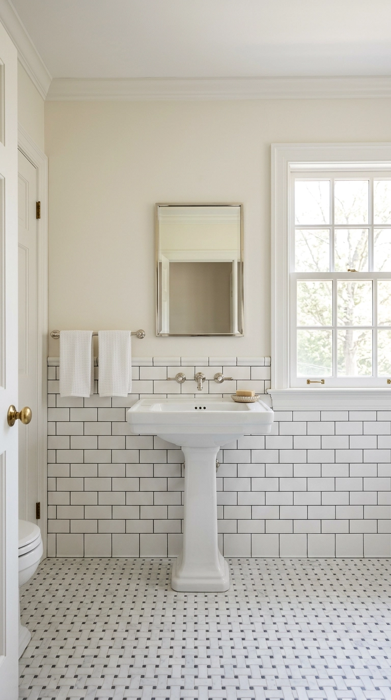Traditional bathroom with marble basketweave floor and white subway tile walls