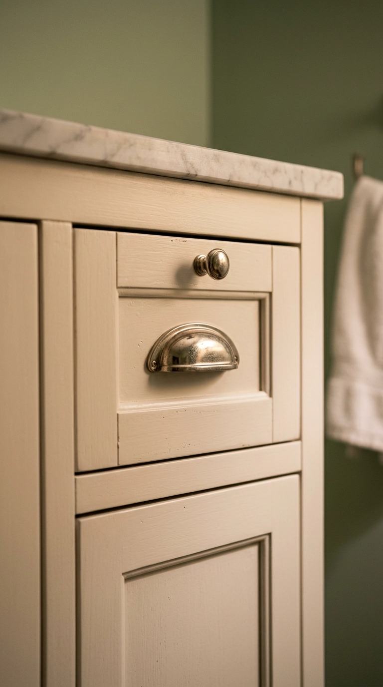 Polished nickel bin pull and knob on a white traditional vanity drawer