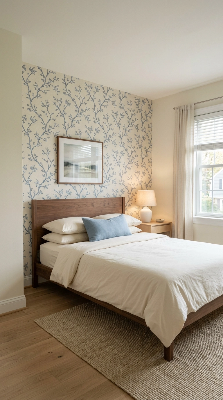 One chinoiserie branch wallpaper wall behind a plain walnut platform bed