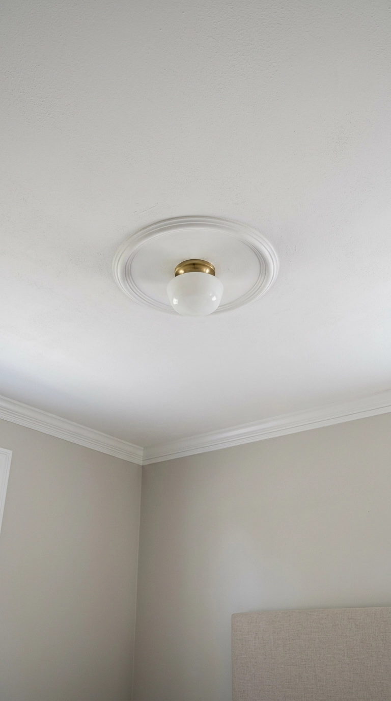 Plain white plaster ceiling medallion with a small opal glass dome light above a linen headboard