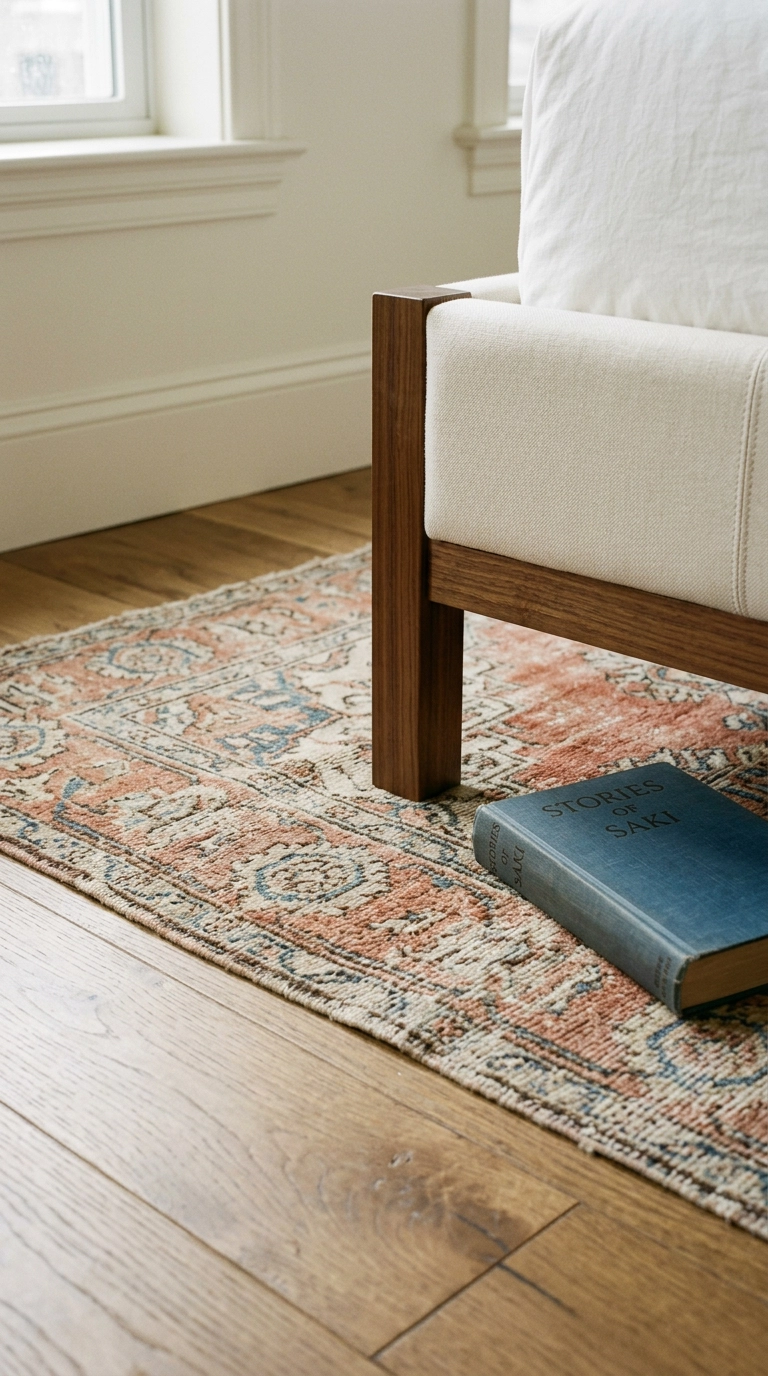 Faded terracotta antique rug under a square walnut bed leg on oak floors