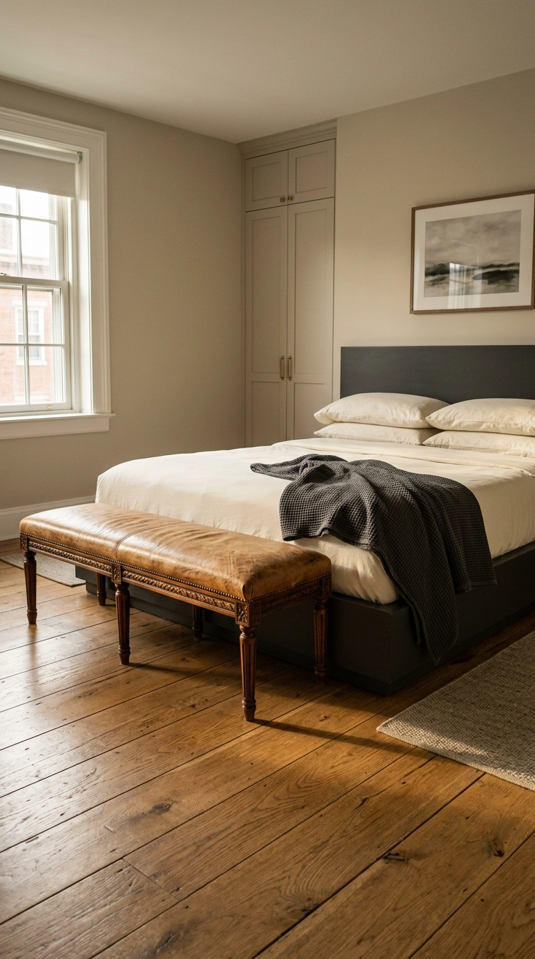 Carved camel leather bench at the foot of a charcoal platform bed in warm afternoon light