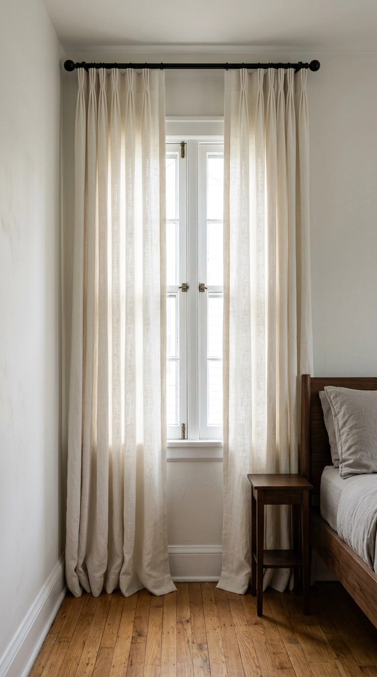 Ivory pinch-pleat linen curtains on a high-mounted matte black rod beside a walnut bed