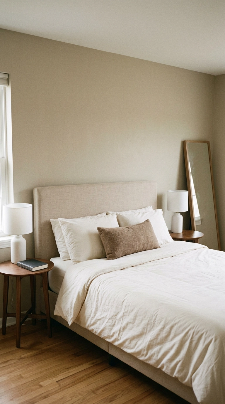 Symmetrical walnut nightstands and lamps with one leaning floor mirror breaking the balance
