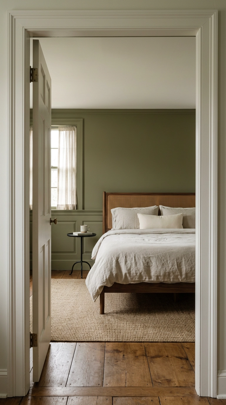 Olive wainscoting painted flat with a cane headboard bed seen through a doorway