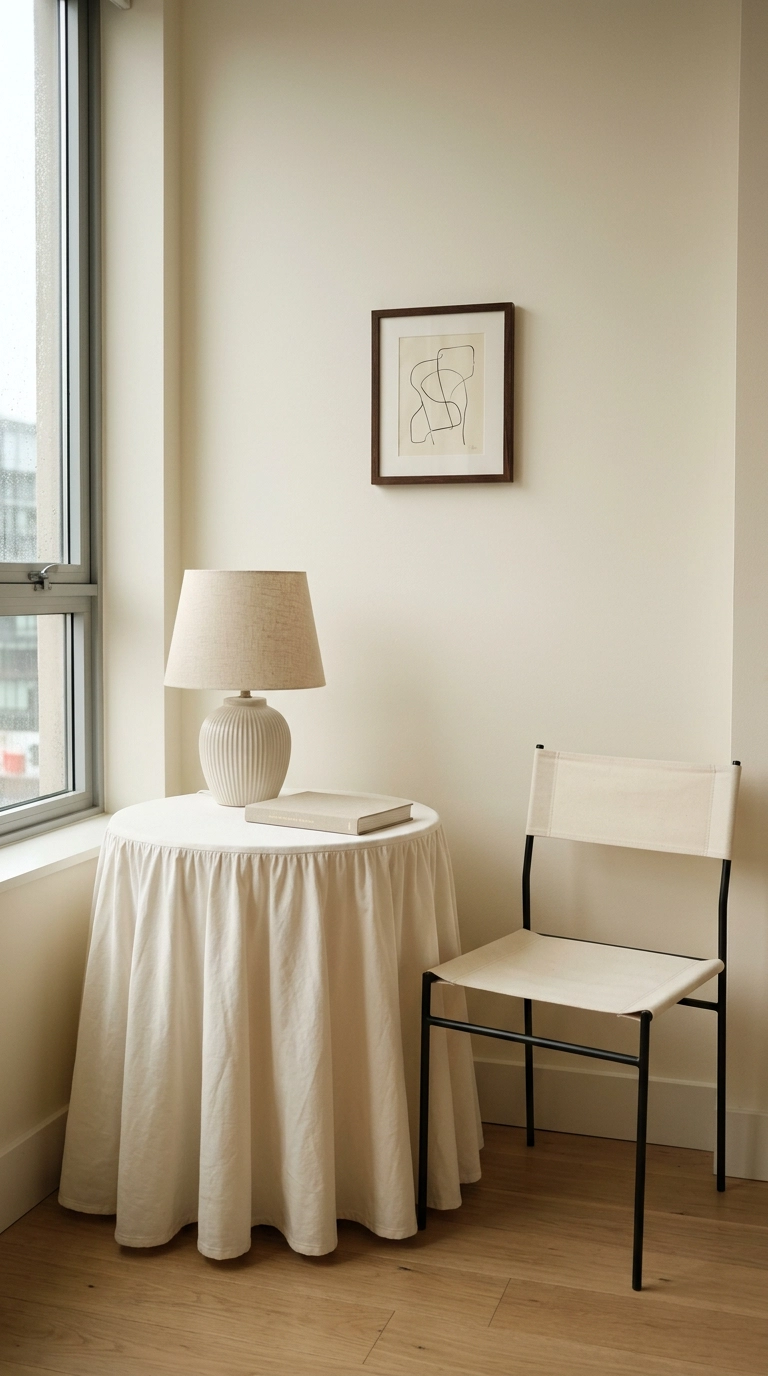 Ivory skirted round table beside a blackened steel chair with a ceramic lamp