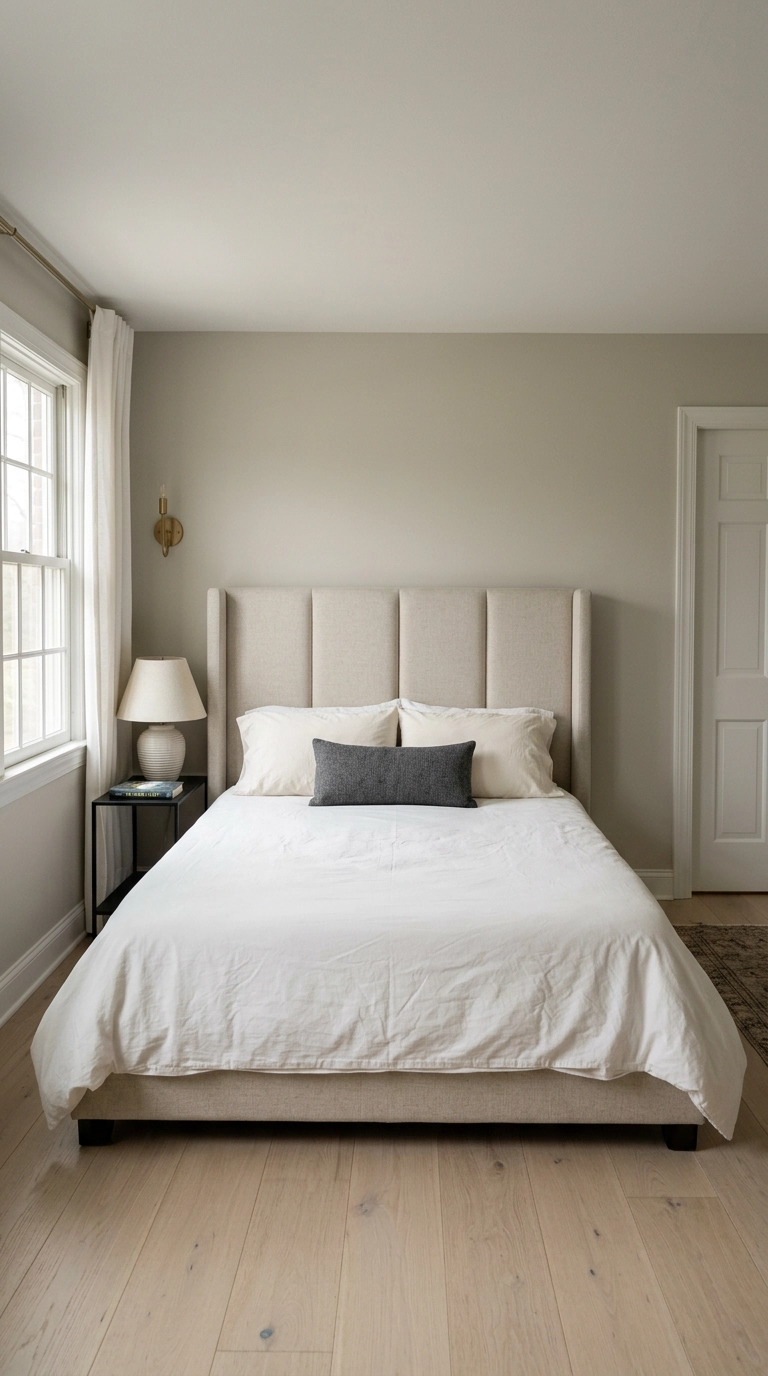 Transitional bedroom with a rectangular-panelled oatmeal linen headboard and black metal nightstand
