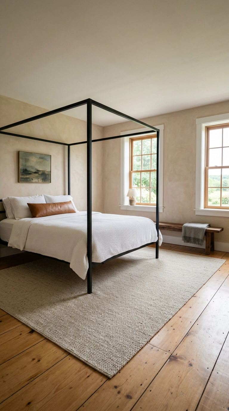Slim black four-poster bed with no canopy fabric in a clay beige plaster bedroom