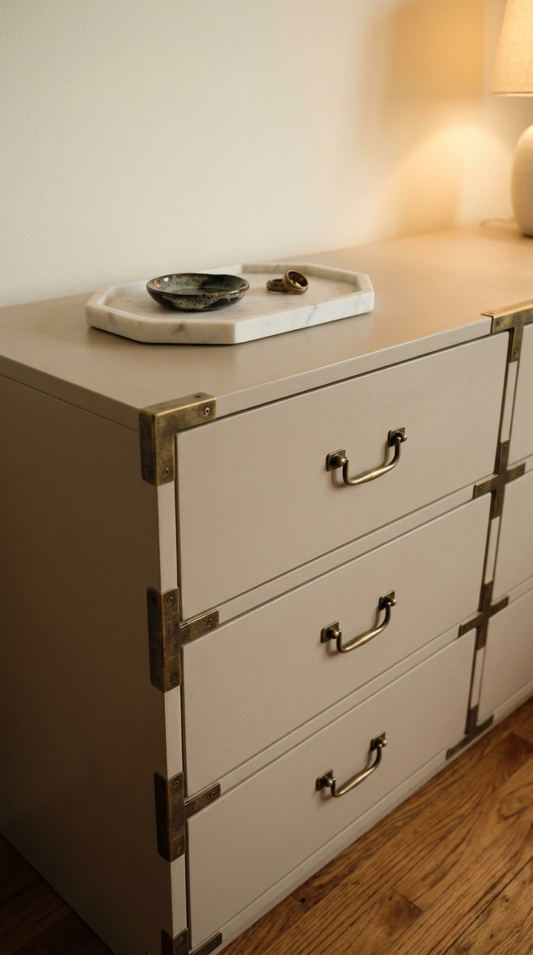 Mushroom painted slab dresser with antique brass campaign brackets and bail pulls