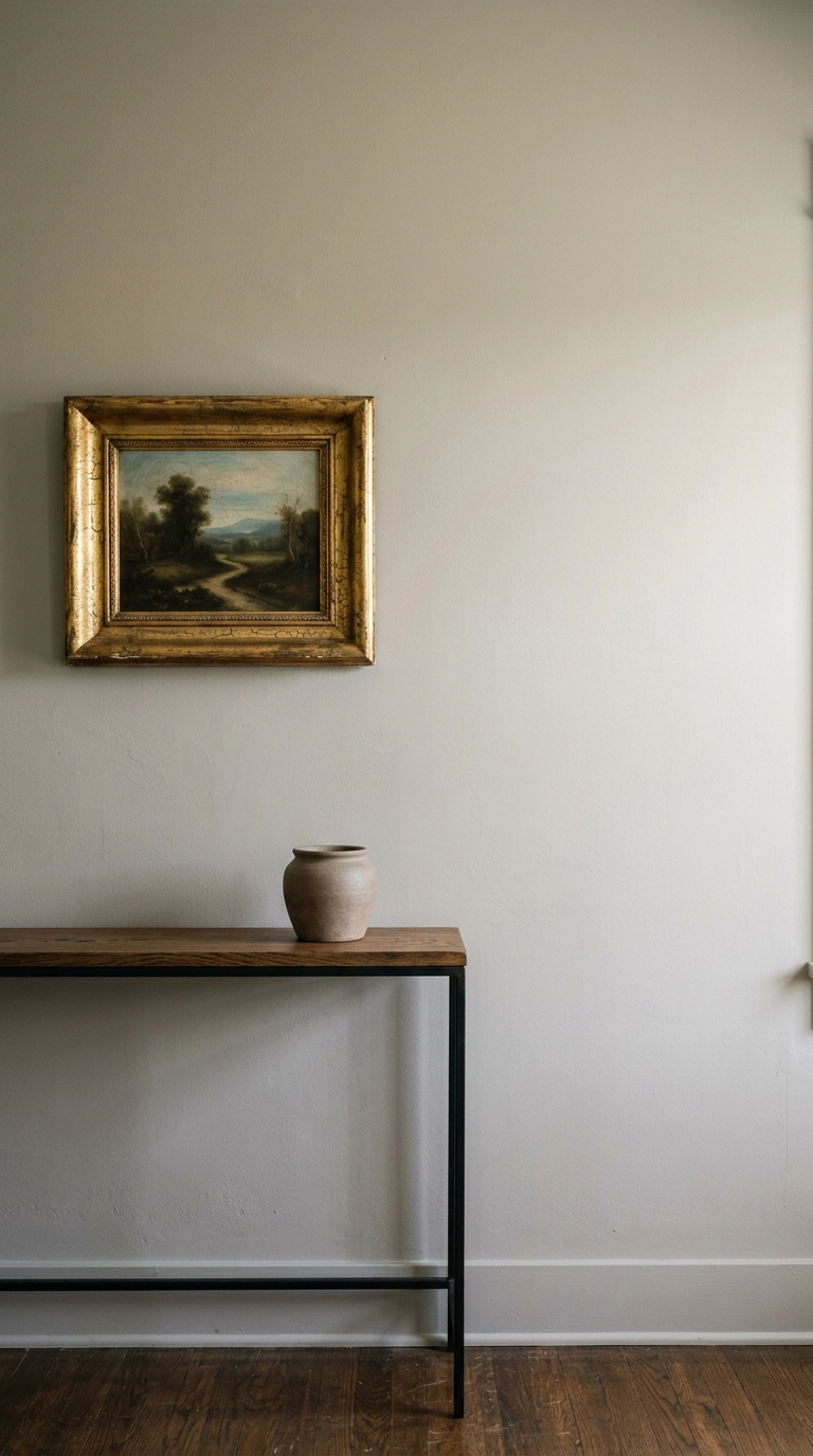 Small gilt-framed antique oil landscape hung off-center on a putty grey bedroom wall