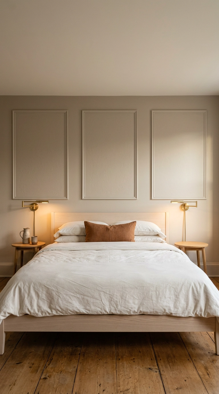 Three taupe picture-frame molding boxes behind a low ash platform bed with brass sconces
