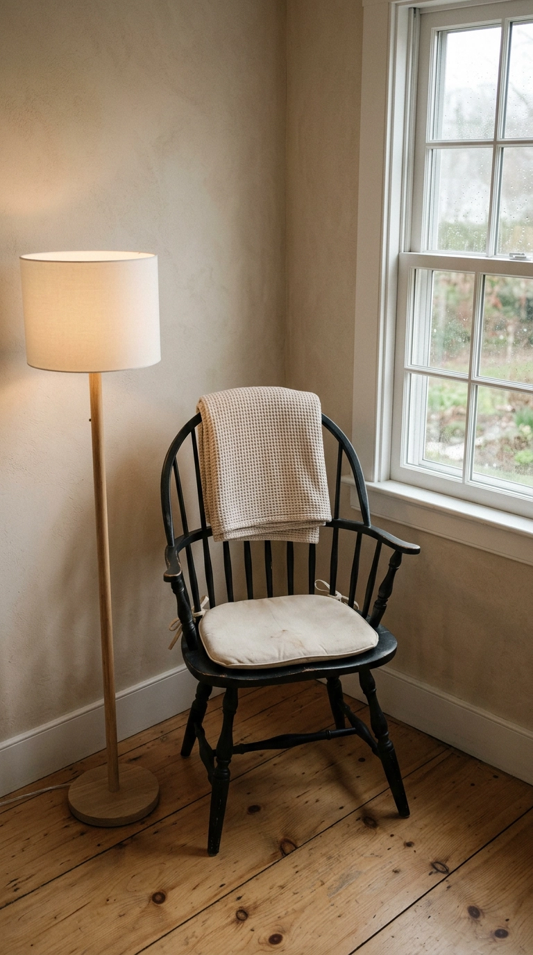 Antique Windsor spindle chair painted flat black in a bedroom reading corner