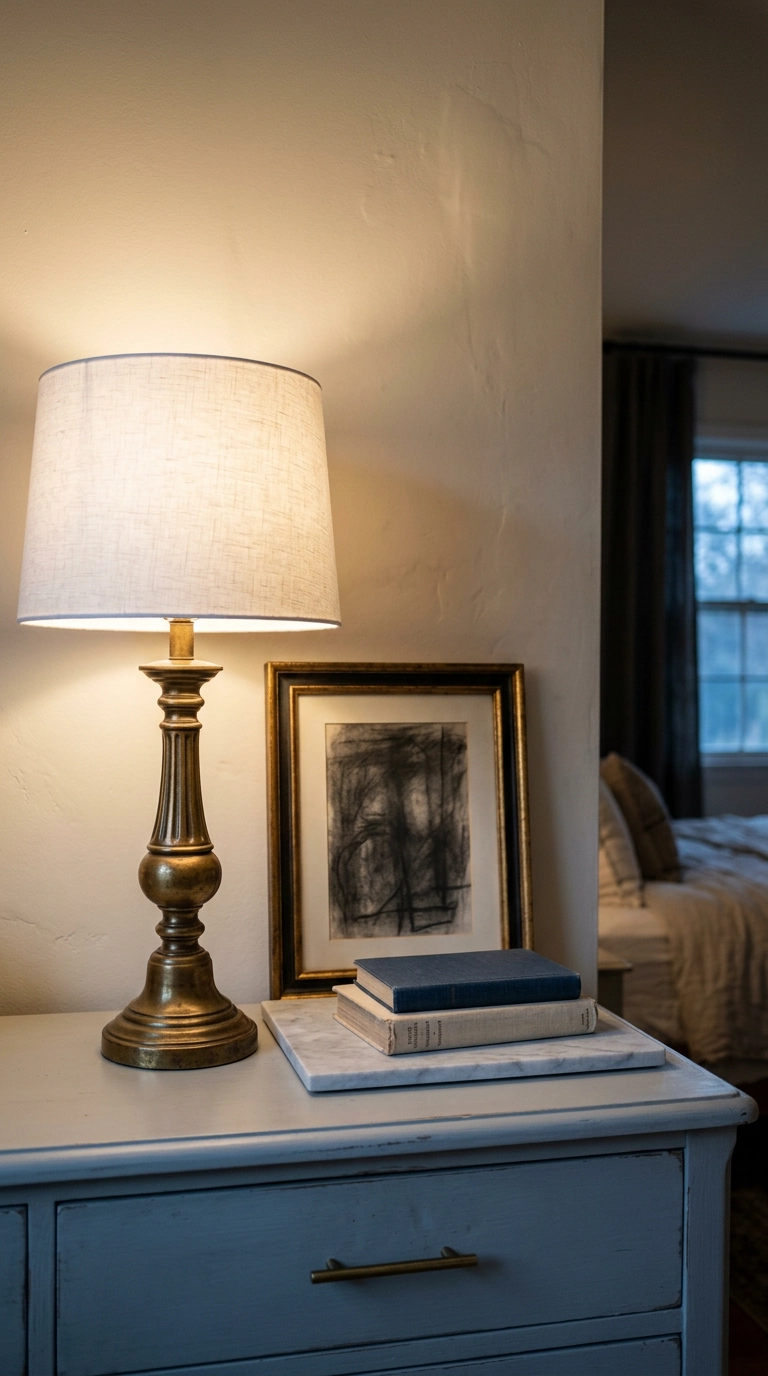 Antique brass lamp with a plain white drum shade on a blue-grey dresser at dusk