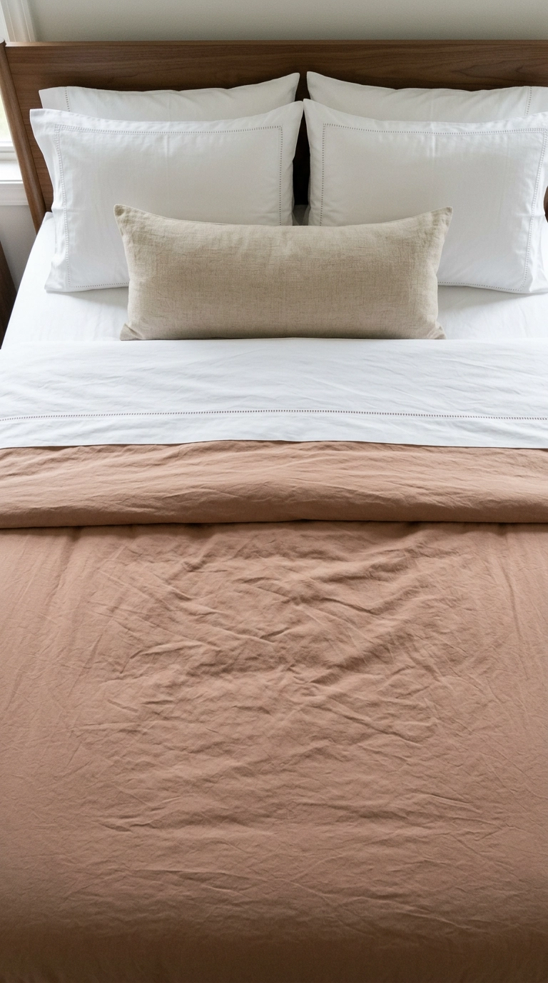 White hemstitch-bordered bedding folded over a plain clay duvet with two pillows