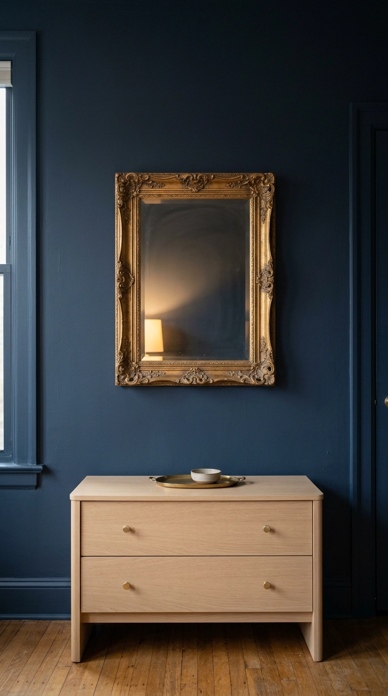 Ornate gilt mirror on a flat navy color-drenched wall above a pale oak dresser