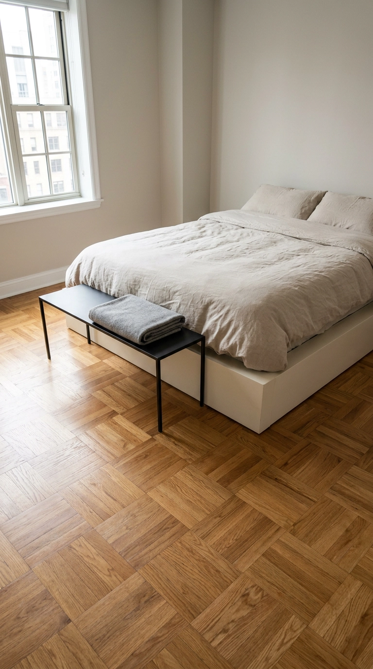 Oak herringbone parquet floor with a low bone-white platform bed and black metal bench