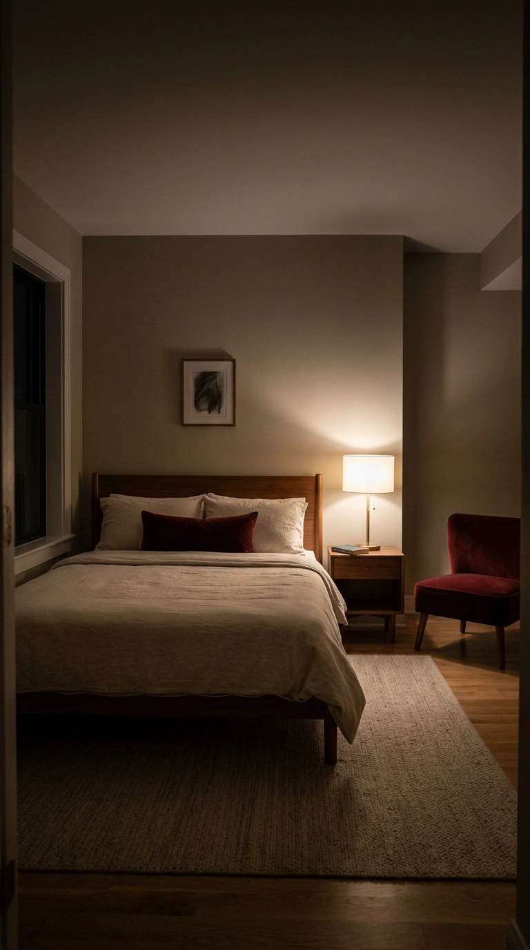 Deep oxblood velvet slipper chair and lumbar pillow grounding a neutral greige bedroom at night