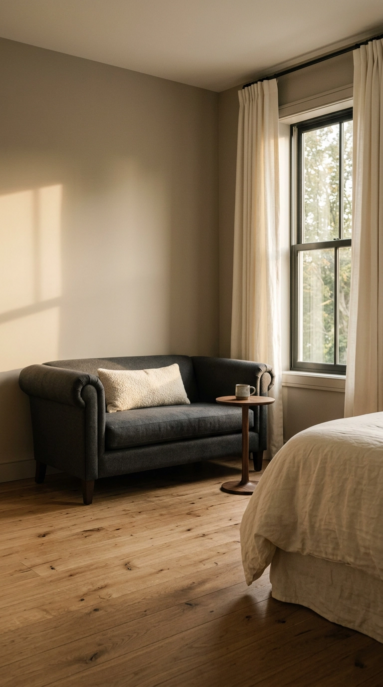 Charcoal wool Chesterfield-arm sofa with one boucle pillow in a bedroom corner