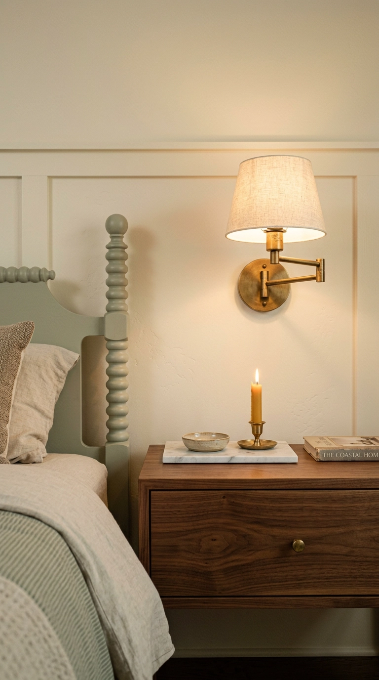 Walnut slab nightstand next to a turned sage bed leg with a brass sconce above