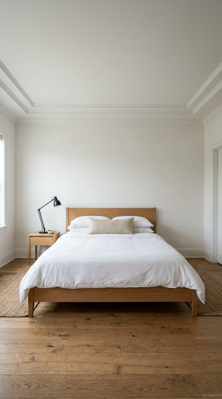 Bedroom with white crown molding above a plain oak platform bed and bare side wall