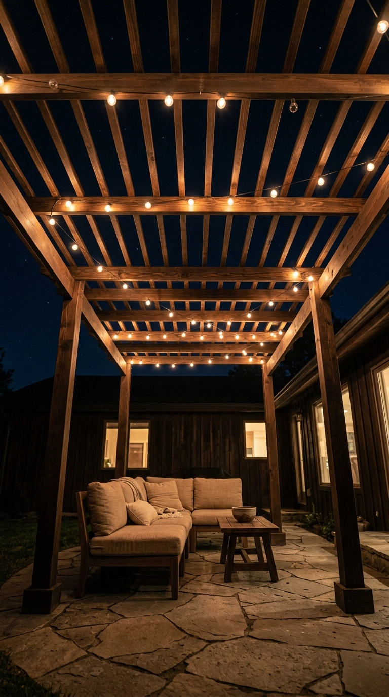 Overhead wood slat trellis above a patio with warm string lights threaded through the slats at night
