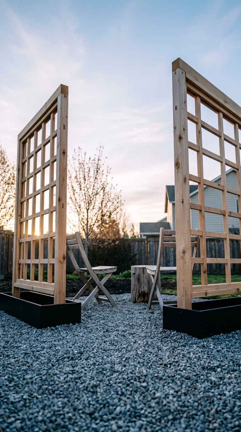 Two bare freestanding cedar trellis panels on black weighted bases framing a gravel seating nook