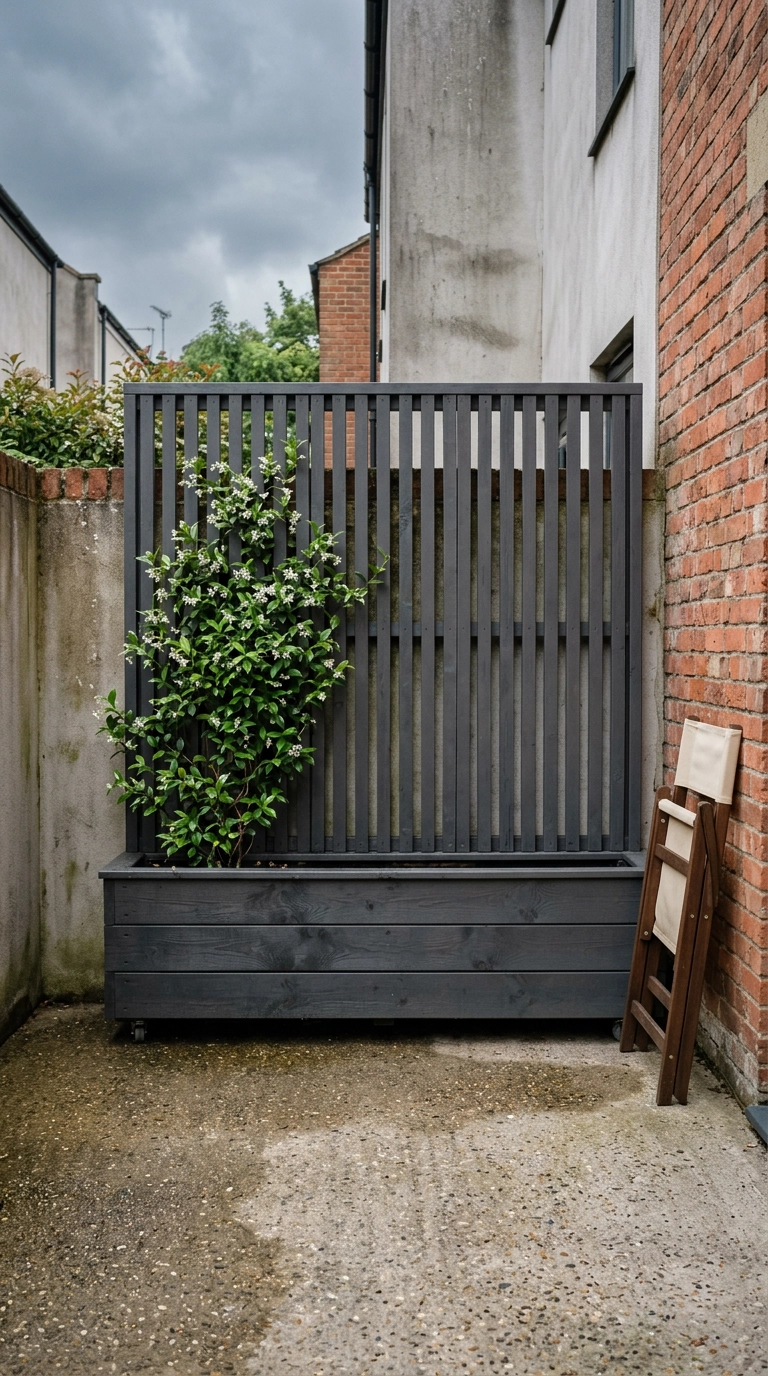 Charcoal cedar planter box with a built-in slat trellis back and climbing star jasmine in a courtyard