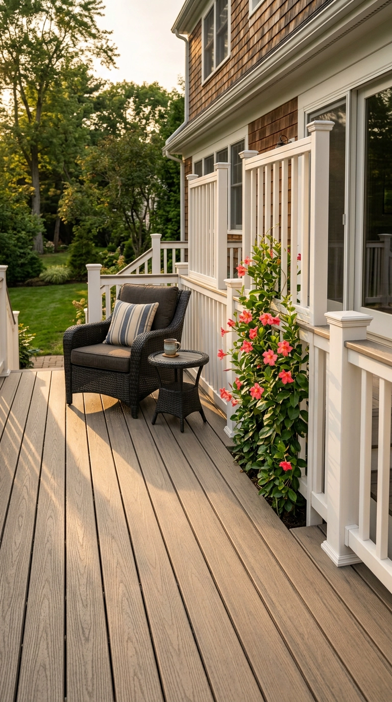 White vertical batten trellis panels between deck railing posts with a climbing mandevilla
