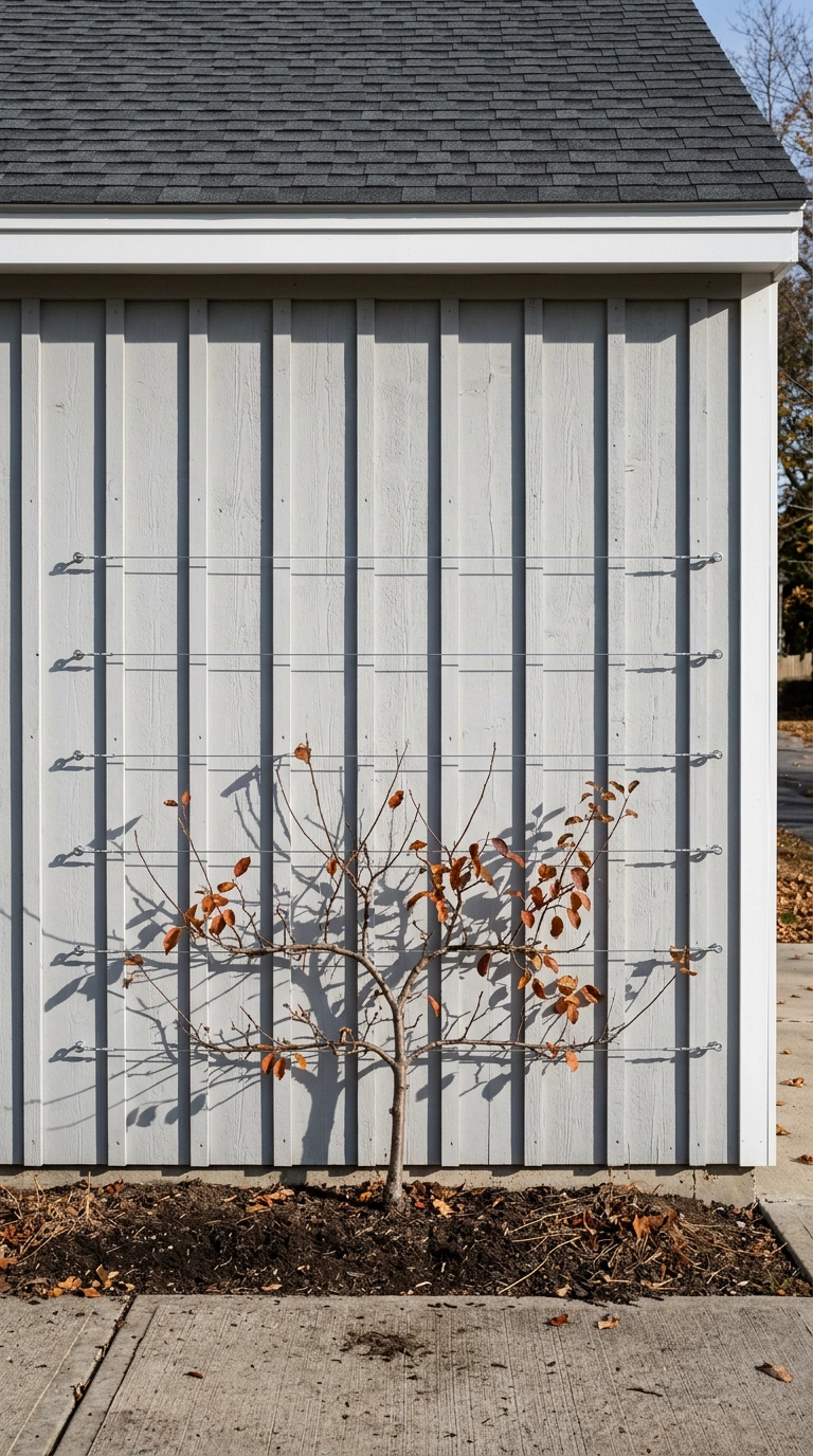 Horizontal galvanized wire trellis on grey siding with a young espaliered apple tree fan-trained flat