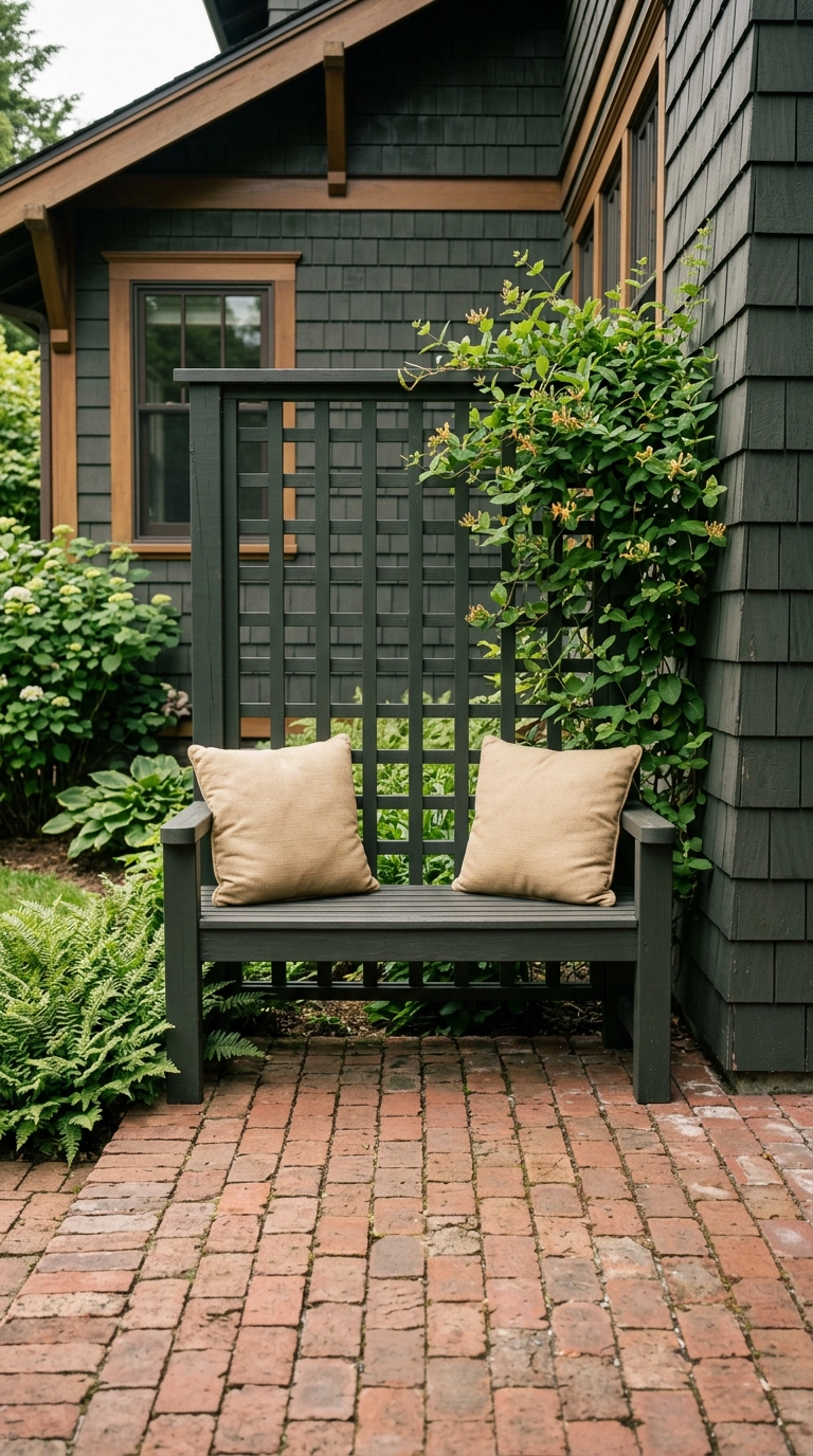 Built-in garden bench with a tall green-black lattice trellis back and climbing honeysuckle