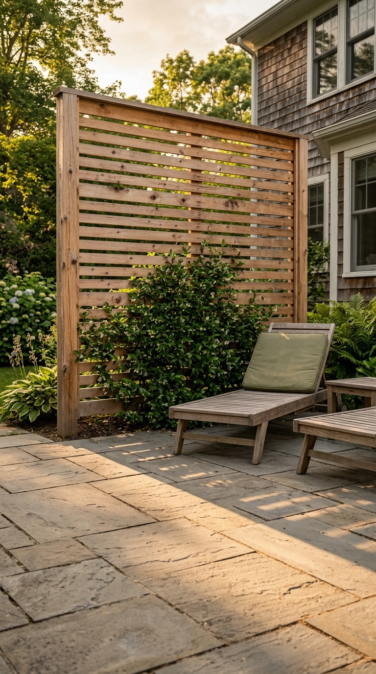Tall cedar slat privacy screen trellis with climbing jasmine along a bluestone patio