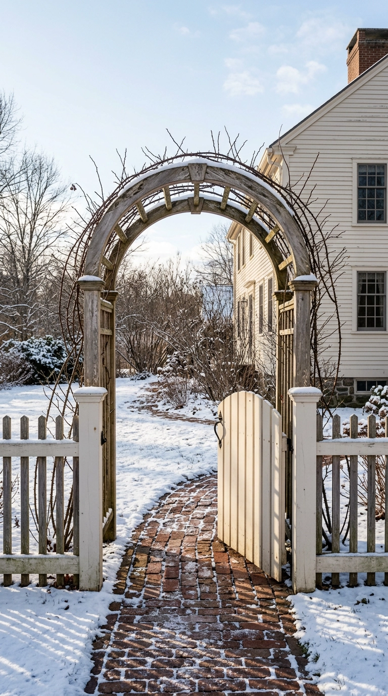 Bare white wooden trellis arch over a side gate in winter with dormant climbing rose stems