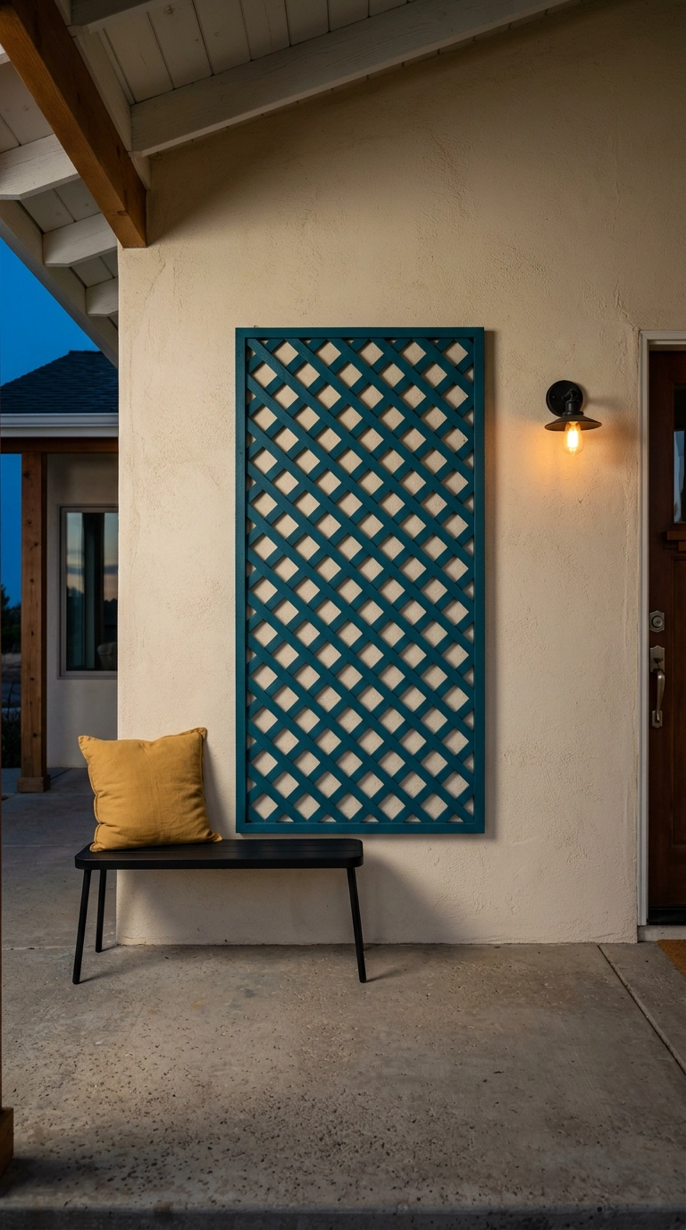 Deep teal diamond lattice trellis panel mounted as decorative wall art on a cream stucco porch