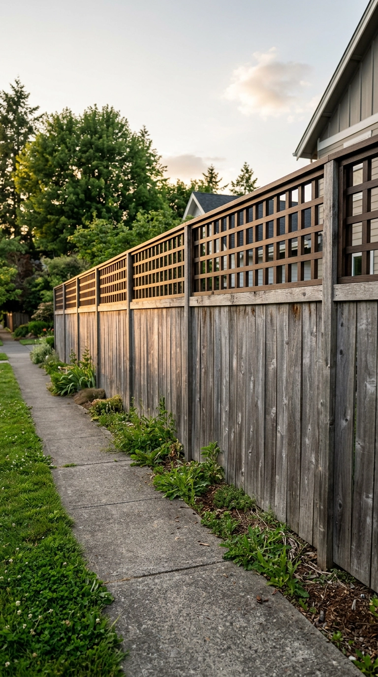 Dark walnut lattice trellis topper added above a weathered cedar privacy fence