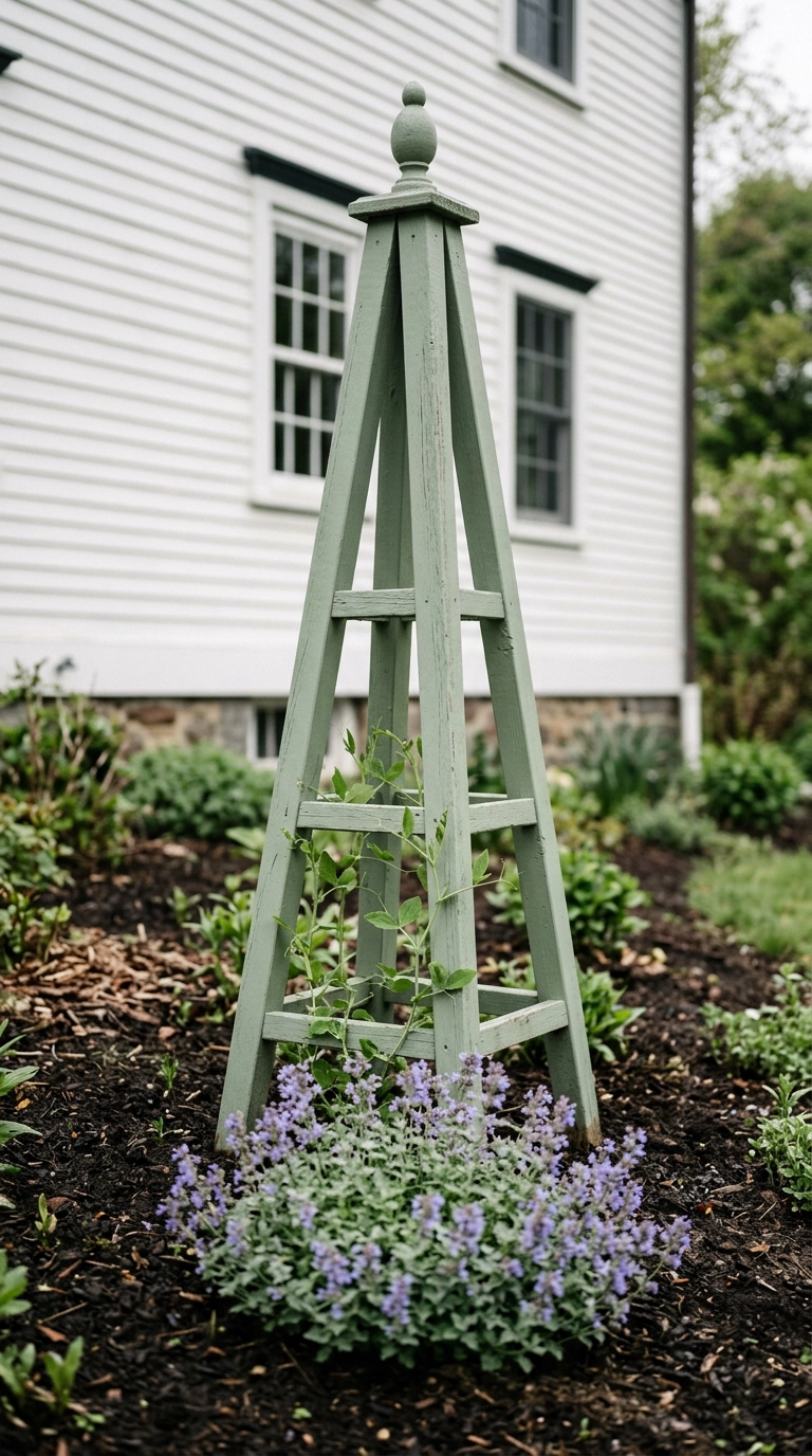 Sage green wooden obelisk tuteur trellis standing in a perennial bed with a young sweet pea vine