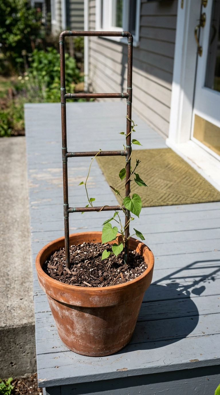 Handmade copper pipe ladder trellis in an aged terracotta pot with a young morning glory vine