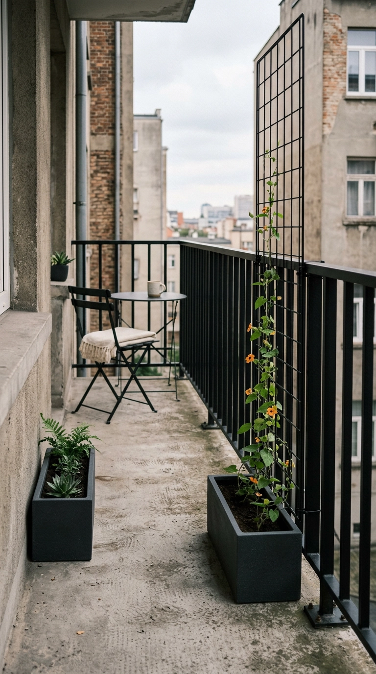 Black grid trellis panel zip-tied to an apartment balcony railing with a young climbing vine