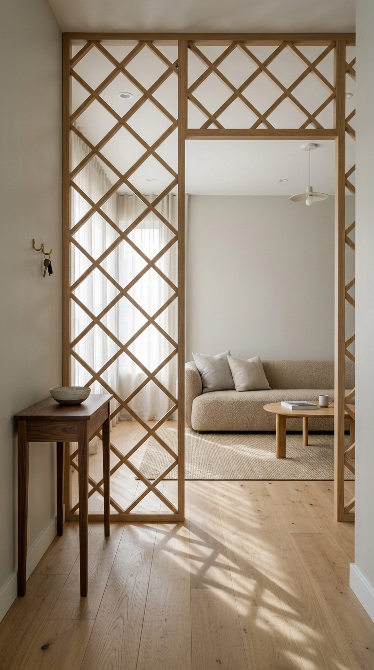 Floor-to-ceiling white oak lattice trellis room divider between an entry and living room