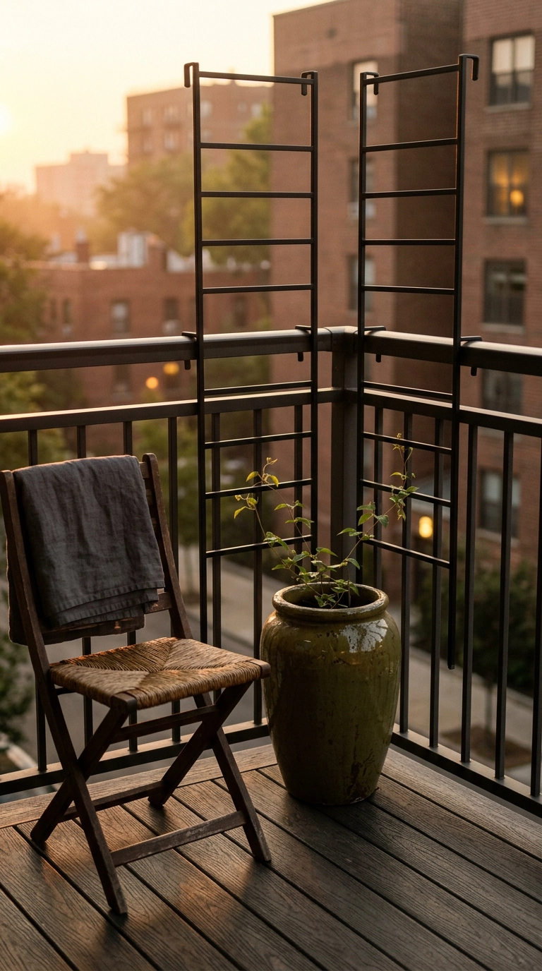 Two black metal trellis panels hooked over a condo balcony railing corner with one olive glazed pot
