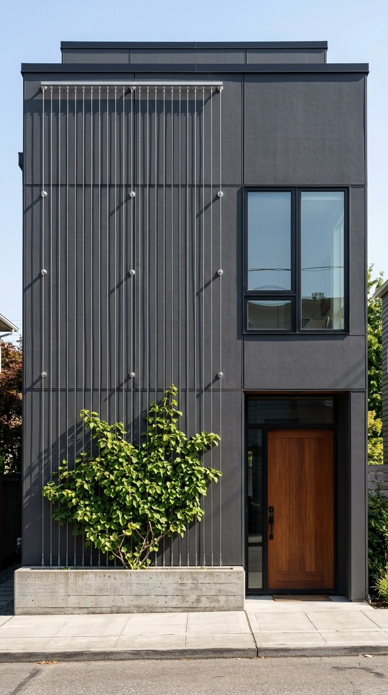 Vertical stainless cable trellis system on a charcoal modern townhouse facade with a low climbing hydrangea