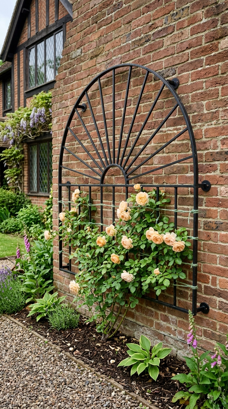 Black iron fan trellis on a brick wall with a climbing rose tied in with green twine