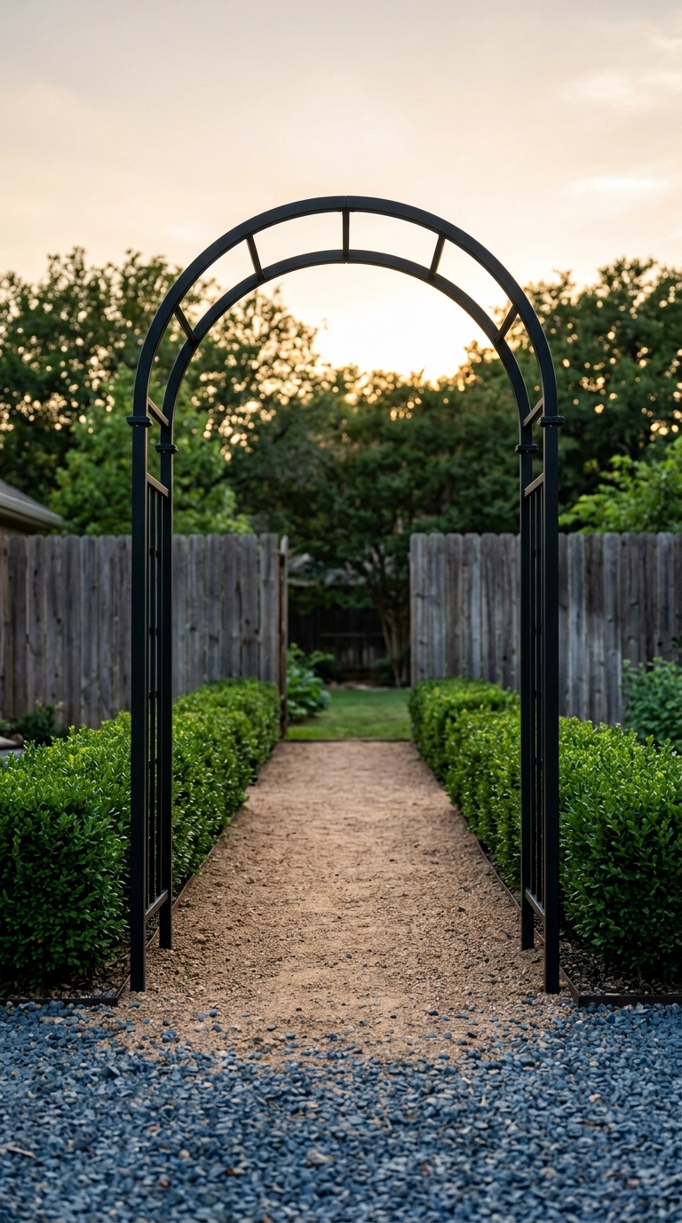 Bare black steel arched garden trellis arbor framing a gravel path between boxwood hedges