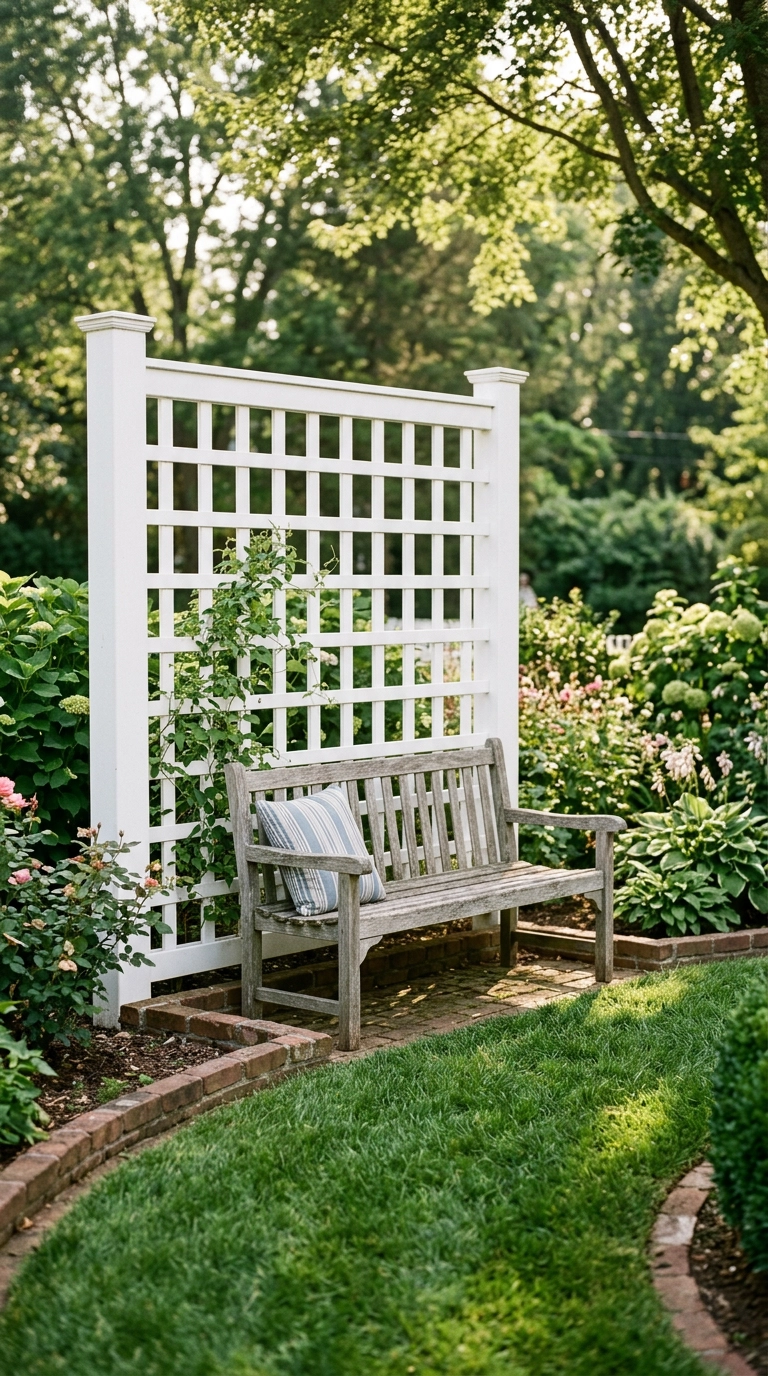 White vinyl trellis panel behind a weathered teak garden bench with a young clematis starting to climb