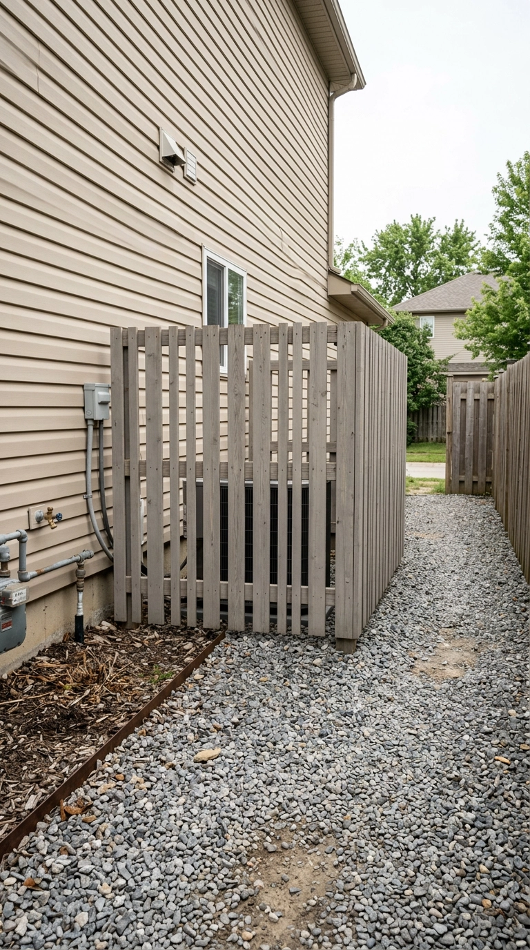 Driftwood grey slat trellis screen hiding an air conditioning unit in a gravel side yard