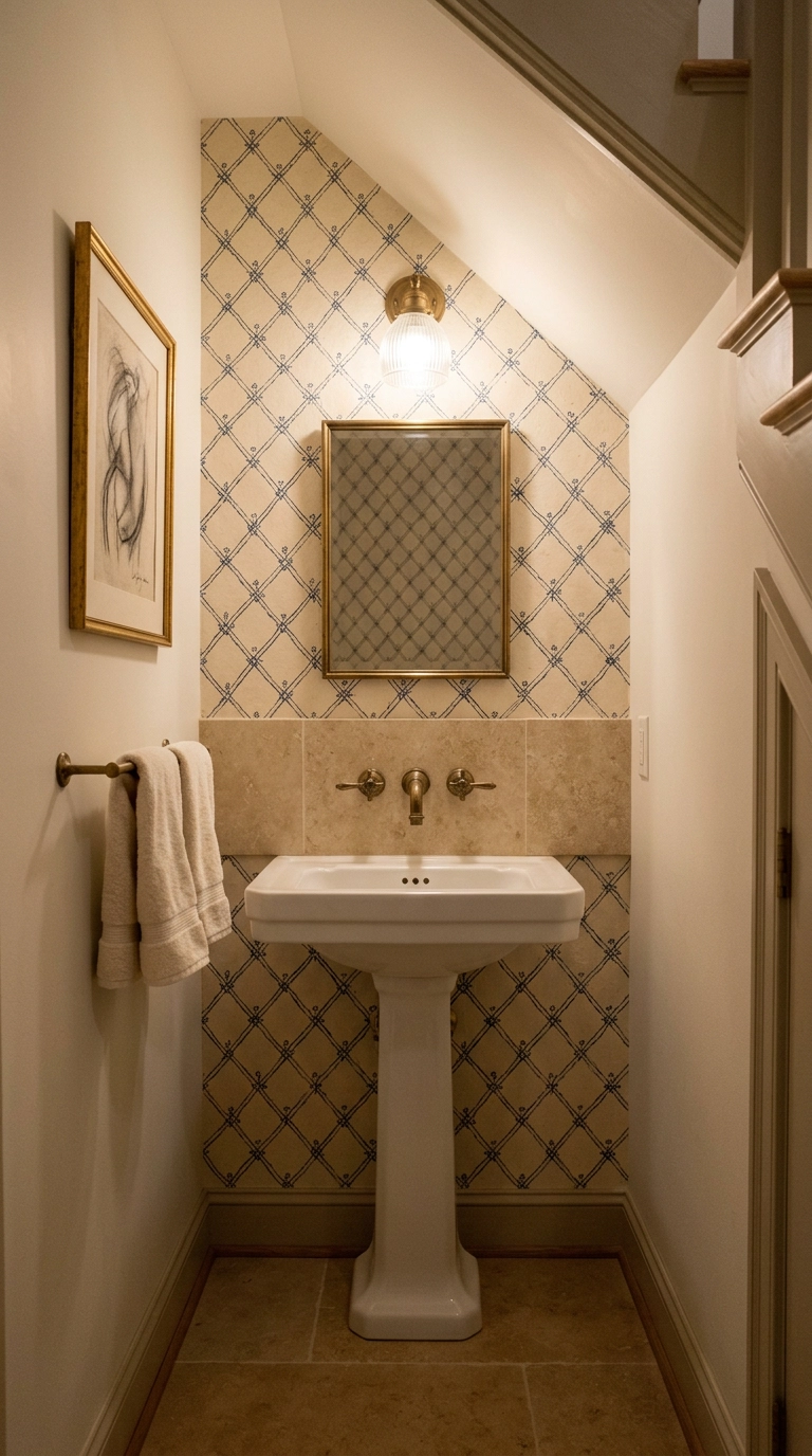 Powder room accent wall in ink blue trellis pattern wallpaper with a pedestal sink and brass faucet